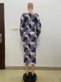 SC Casual Print Long Sleeve Split Midi Dress QODY-6008