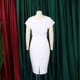 SC V Neck Solid Color Belt Midi Dress GCZF-8492P