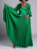 SC V Neck Long Sleeve Press Pleated Maxi Dress GCZF-8567