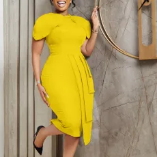 SC Solid Color Short Sleeve Slim Midi Dress GCZF-8540