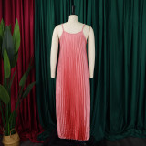 SC Solid Color Press Pleated Sling Maxi Dress GCZF-8571