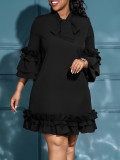 SC Solid Color Stacked Sleeve Lace-Up Ruffle Dress GCZF-8570