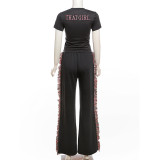 SC Letter Embroider T Shirt And Colorful Tassel Pants Suit XEF-40781