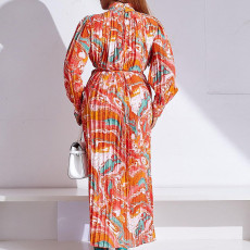 SC Long Sleeve Printed Pressed Pleat Tie Up Maxi Dress GCZF-8501