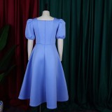 SC Solid Color Fashion Bubble Sleeve Midi Dress GCZF-D252-C2