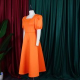 SC Solid Color Fashion Bubble Sleeve Midi Dress GCZF-D252-C2