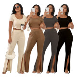 SC O Neck Tops And Split Loose Pants Two Piece Set SSNF-211432