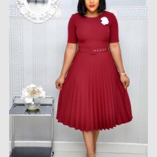 SC Plus Size Solid O Neck Short Sleeve Pleated Dress GCZF-D028-C1