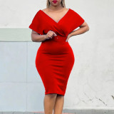 SC Solid Color V Neck Midi Dress GCZF-8511