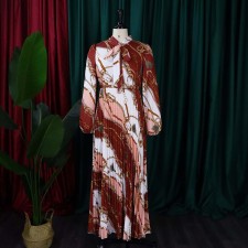 SC Long Sleeve Print Tie Up Pleated Maxi Dress GCZF-8463