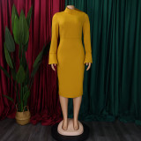 SC Solid Color Long Sleeve Slim Midi Dress GCZF-D441-C1