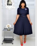 SC Plus Size Solid O Neck Short Sleeve Pleated Dress GCZF-D028-C1