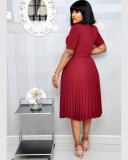 SC Plus Size Solid O Neck Short Sleeve Pleated Dress GCZF-D028-C1