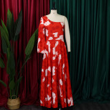 SC Single Shoulder Long Sleeve Print Maxi Dress GCZF-8495