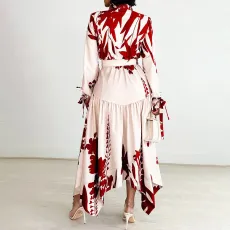 SC Fashion Printed Lapel Tie Irregular Midi Dress GCZF-D3264-C1