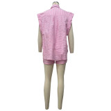 SC Stripe Short Sleeve Shirt Two Piece Shorts Set OD-8673