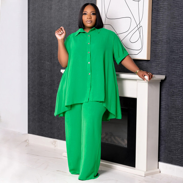 SC Plus Size Solid Color Loose Two Piece Pants Set NNWF-7994