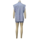 SC Stripe Short Sleeve Shirt Two Piece Shorts Set OD-8673