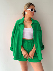 SC Solid Color Long Sleeve Shirt Two Piece Shorts Set MIL-T107