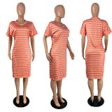 SC Stripe Print Short Sleeve Loose Casual Dress YIM-398