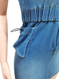 SC Short Sleeve Drawstring Zipper Denim Mini Dress CM-8715