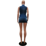SC Short Sleeve Drawstring Zipper Denim Mini Dress CM-8715