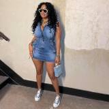 SC Short Sleeve Drawstring Zipper Denim Mini Dress CM-8715