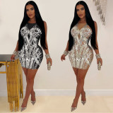 SC Solid Color Mesh Hot Drill Mini Dress BY-6898