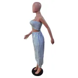 SC Stripe Print Wrap Chest Tops Two Piece Pants Set BS-1363