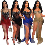 SC Solid Color Hot Rhinestone Mesh Irregular Mini Dress CYA-901098