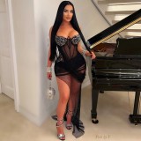 SC Solid Color Hot Rhinestone Mesh Irregular Mini Dress CYA-901098