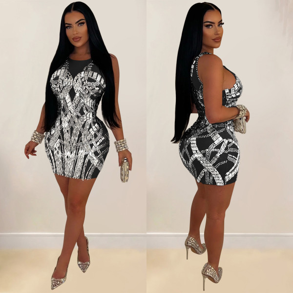 SC Solid Color Mesh Hot Drill Mini Dress BY-6898