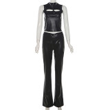 SC Sleeveless Hollow Out PU Leather 2 Piece Pants Set XEF-43419