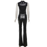 SC Sleeveless Hollow Out PU Leather 2 Piece Pants Set XEF-43419