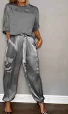 SC Plus Size Smooth Satin Half Sleeve Top Pants Two Piece Suit GYSM-W0733