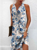 SC Plus Size Printed Single Breasted Sleeveless V-Neck Mini Dress GYSM-W0736
