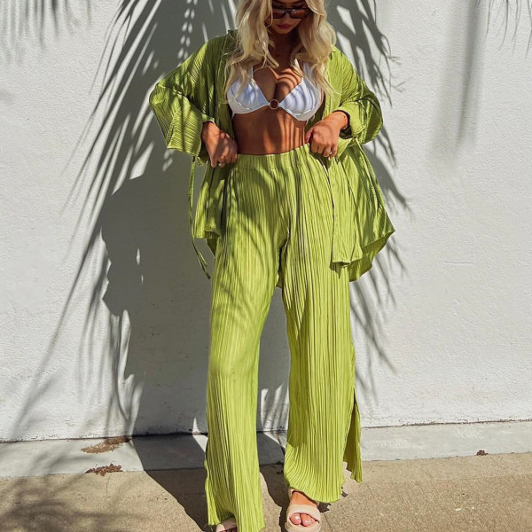 SC Solid Color Long Sleeve Split Shirt Pants Two Piece Set GYSM-W0513
