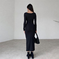 SC Solid Color Long Sleeve Slim Maxi Dress GYSM-W0723
