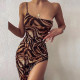 SC Sexy Print One-Shoulder Sling Split Bodycon Dress GYSM-W0510