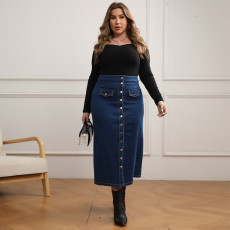 SC Plus Size Button Fake Pocket Denim Skirt GDAM-048