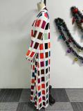 SC Casual Print Long Split Coat Two Piece Pants Set NY-10771