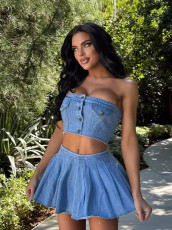 SC Wrap Chest Button Denim Split Skirt 2 Piece Set YMEF-51093