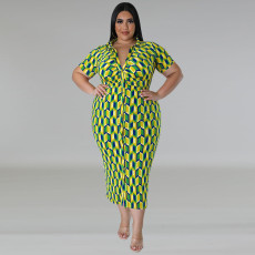 SC Plus Size Plaid Print Lapel Midi Dress GDAM-218389