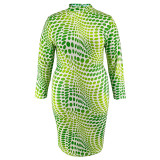 SC Plus Size Print Long Sleeve Split Midi Dress GDAM-218365