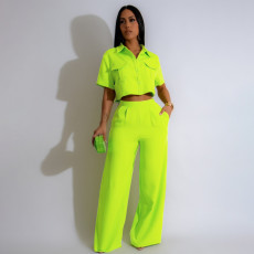 SC Solid Lapel Short Sleeve Wide Leg Pants Casual Set SFY-441