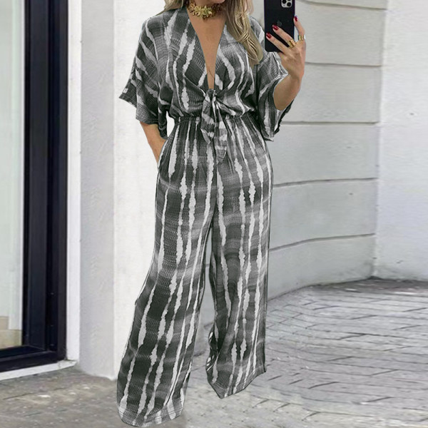 SC Plus Size Print 3/4 Sleeve Straight Jumpsuit GDAM-218296