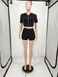 SC Solid Color Fashion Hoodies Shorts Two Piece Set YIM-074