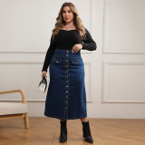 SC Plus Size Button Fake Pocket Denim Skirt GDAM-048