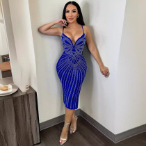 SC Hot Drill V Neck Sling Split Midi Dress NY-3182