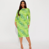 SC Plus Size Print Long Sleeve Split Midi Dress GDAM-218365